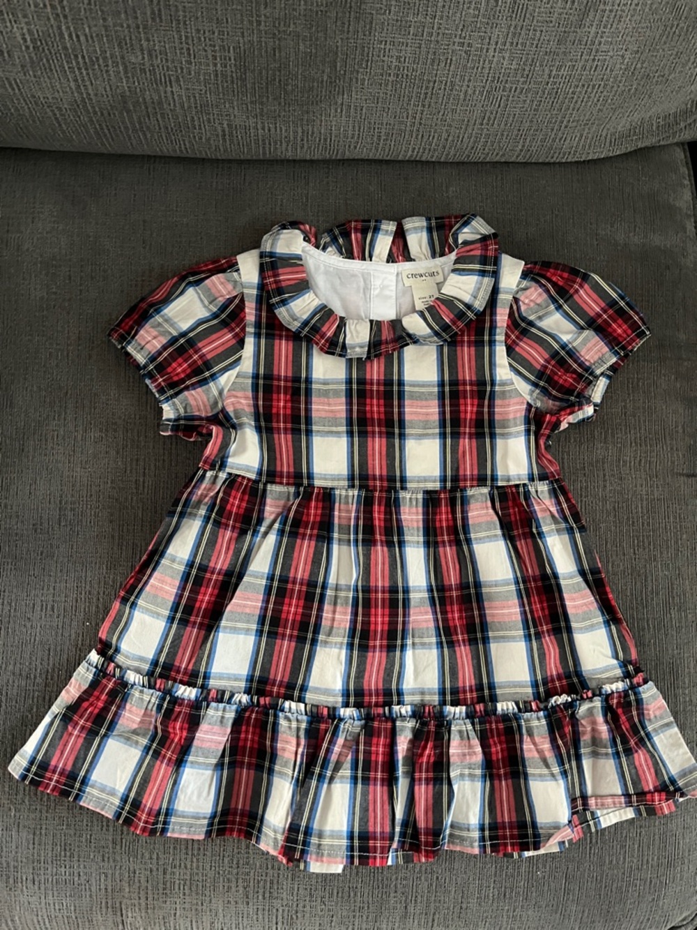 Crewcuts Plaid Ruffle Collar Dress - Red, Navy & White